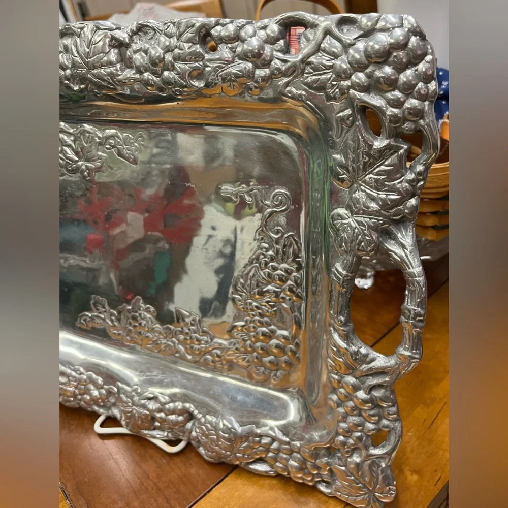 Arthur Court 17” Ornate HEAVY Silver Tray with Grape Design